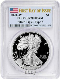 Presale 2021-W Proof $1 Type 2 American Silver Eagle PCGS PR70DCAM FDOI Flag L