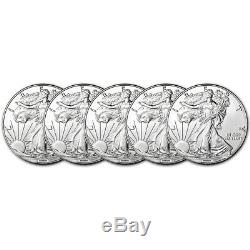 Random Date American Silver Eagle (1 oz) $1 BU Five 5 Coins