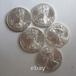 SILVER AMERICAN EAGLES, LOT of 5 DIFFERENT DATES, = BRILLIANT UNCIRCULATED